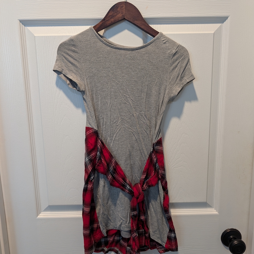 Justice Gray Girls Dress with Red Plaid Faux Wrap Flannel